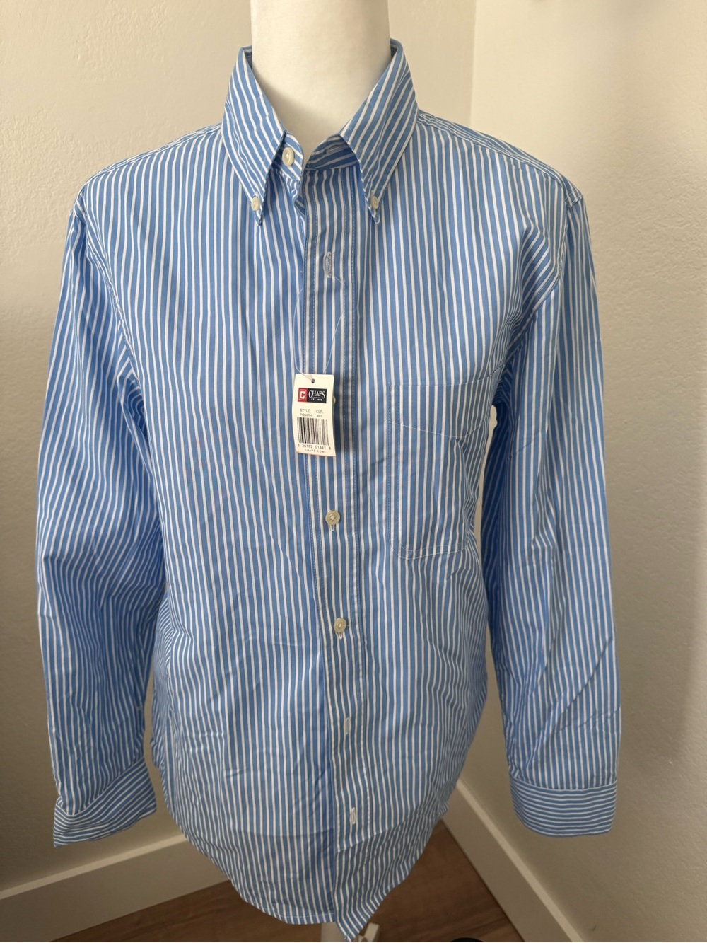Chaps Light Blue and White Striped Button-Up Shirt